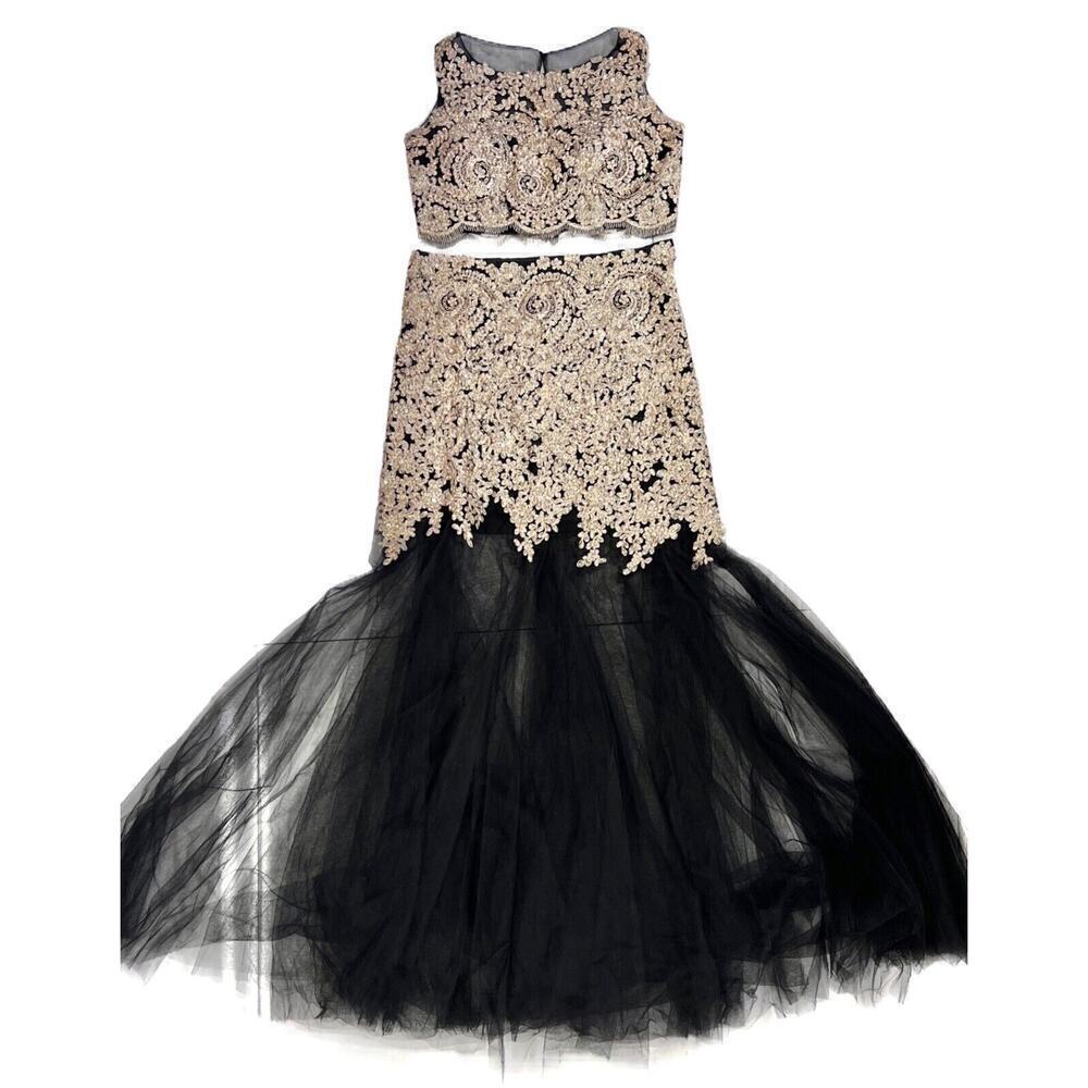 STUNNING Camille La Vie Black Lace Gold Lace Beaded Embroidered 2 Pc Dress Sz 6
